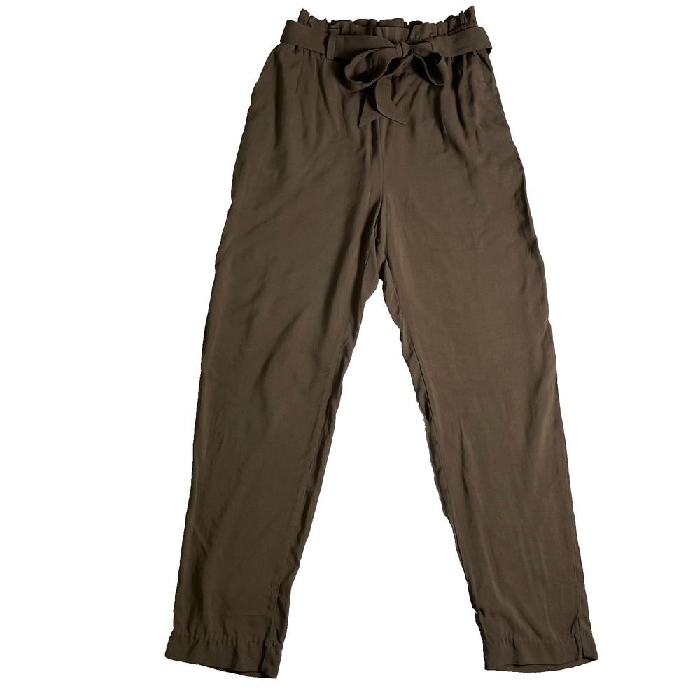 H&M Paperbag Waist Pants Womens 4 Olive Green Straight Leg Tie Waist Minimalist